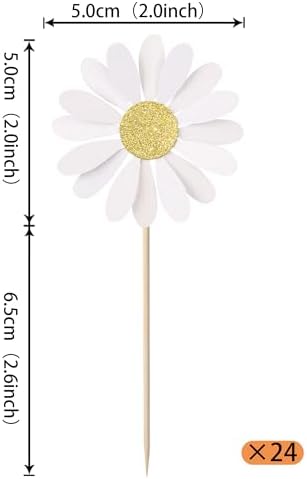 24 PCS Daisy Cupcake Toppers Glitter White Daisy Cupcake Picks Chrysanthemum Cupcake Decorations for Spring Wildflowers Theme Baby Shower Birthday Wedding Party Cake Decorations Supplies