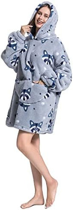 Deserthome Wearable Blanket Hoodie Oversized Hooded Blanket for Adult Women Super Soft Comfortable Warm Flannel Grey Raccoon
