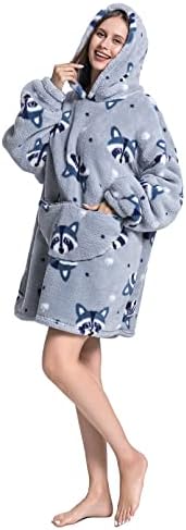 Deserthome Wearable Blanket Hoodie Oversized Hooded Blanket for Adult Women Super Soft Comfortable Warm Flannel Grey Raccoon