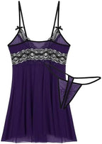 Mufeng Men's Sexy Sheer Lace Babydoll Adjustable Spaghetti Straps Deep V-Night Club Sleepwear with G-String