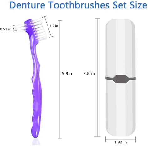 2-Piece Denture Cleaning Brush Set - Multi-Layered Bristles False Toothbrush with Ergonomic Handle and White Carrying Case for Fake Teeth Cleaning, Travel-Sized Oral Care Tool (Green&Purple, One Size)