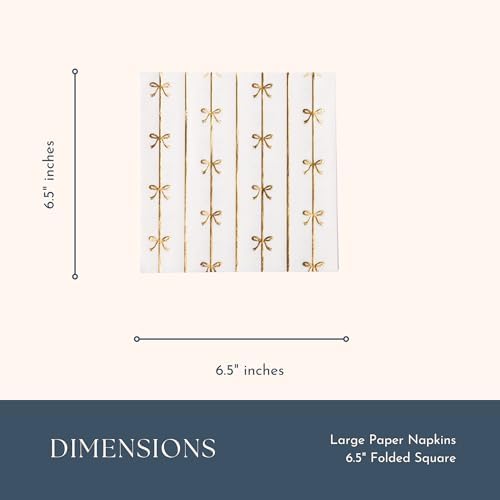 Bonjour Fête Gold Signature Bow Large Paper Napkins | 3-Ply Lunch Napkins for Birthdays & Holidays | Premium Gold Foil Disposable Tableware | White & Gold Decor | Pack of 20, 6.5" Folded