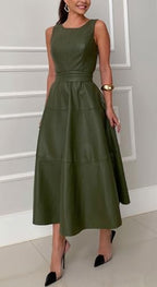 CHARTOU Women PU Faux Leather Sleeveless Elegant Flowy Long Dress Party Night Out Dress with Belt