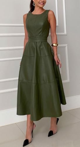 CHARTOU Women PU Faux Leather Sleeveless Elegant Flowy Long Dress Party Night Out Dress with Belt