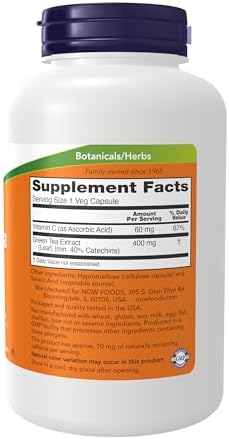 NOW Foods Supplements, Green Tea Extract 400 mg with Vitamin C for Dietary, Cellular Protection*, 250 Veg Capsules
