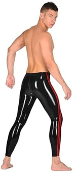 Men Black Latex Pants Crotch 2-Way Zipper with Red Strips Tight Mid Waist Rubber Trousers Leggings