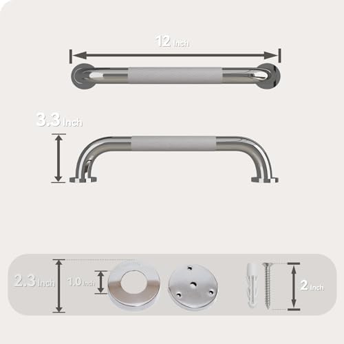 Shower Grab Bar, 12 Inch Bathroom Grab Bar Handle with Anti-Slip Knurled Grip, Stainless Steel Bath Balance Bar, Bath Safety Bar Support for Seniors Pregnant, Polished Chrome-1PCS