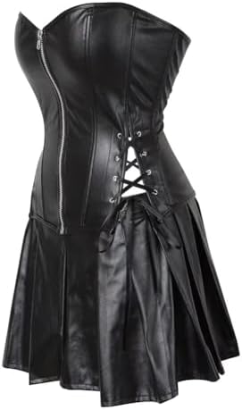Jutrisujo Leather Corset Dress Skirt Zipzer Women's Sexy Punk Rock Gothic Bustier Lingerie Renaissance Pirate Green
