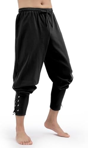 Mens Pirate Pants Medieval Viking Costume, Renaissance Lace-up Ankle Banded Trousers Cotton Linen Cosplay Outfits