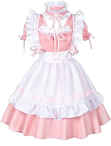 Wannsee Anime French Maid Apron Lolita Fancy Dress Cosplay Costume Furry Cat Ear Gloves Socks Set(Pink 2XL)