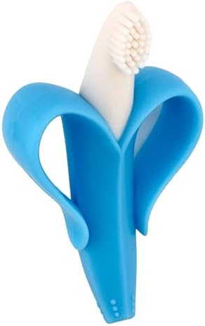 Baby Banana® Blue Teether-Toothbrush, Infant to Toddler, Made in USA, Butter-Soft Bristles for Gums and Teeth, Bendable Food Grade Silicone, Family-Owned Business Since 2009, 11 Million+ Sold.