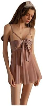 GRAYDREAM Sexy Lingerie Sexy Lace Backless Seductive Bow Nightgown, Suspender Skirt and T-pants Two-piece Set