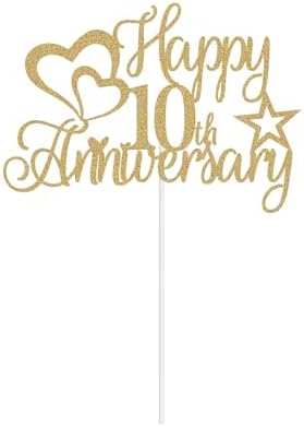 Glitter Happy 10th Anniversary Cake Topper, 10 Years Loved Blessed Wedding Anniversary Birthday Party Decorations Black
