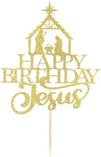 Happy Birthday Jesus Cake Topper-Gold Glittery Jesus Birthday Cake Decorations,Christian Christmas Cake Decoration,Nativity Scene Christmas Party Decoration (gold)