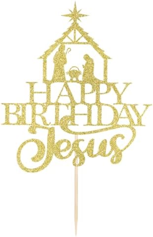 Happy Birthday Jesus Cake Topper-Gold Glittery Jesus Birthday Cake Decorations,Christian Christmas Cake Decoration,Nativity Scene Christmas Party Decoration (gold)