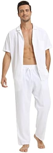 RPOVIG Linen Shirt Pants Outfits:Men's Linen Sets 2 Piece Short Sleeve Shirts Yoga Pants Beach Wedding Suits