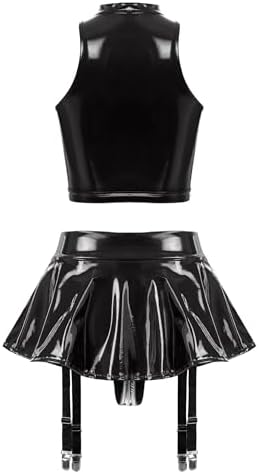 ranrann Women Sexy Latex Two Piece Lingerie Outfits Halter Top And Ruffle Mini Skirt Garter Belt Set Black Small