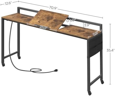Overbed Table with Wheels, Recliner Desk with Charging Station, Laptop Table with Adjustable Stand and Storage, Chair Table for Home, Dormitory, Sofa, Rustic Brown and Black SF13UBR