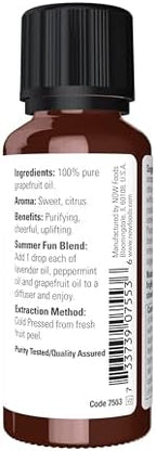 NOW Essential Oils, Grapefruit Oil, Sweet Citrus Aromatherapy Scent, Cold Pressed, 100% Pure, Vegan, Child Resistant Cap, 1-Ounce