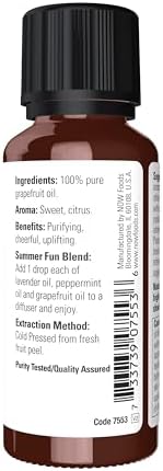 NOW Essential Oils, Grapefruit Oil, Sweet Citrus Aromatherapy Scent, Cold Pressed, 100% Pure, Vegan, Child Resistant Cap, 1-Ounce