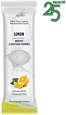 Oshibori Moist Terry Cotton Refreshment Towels (25 Pack, 8 x 8 Inches) - White Scented Pre-moistened Essential Oil Infused Towel to Use Hot or Cold - Lemon Scent