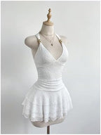 Milumia Women's Lace Halter Mini Dress Beaded Tie Back Layered Ruffle Hem Sexy Going Out Dresses