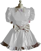 Maid Cosplay Sleeve Mini Dress Ladies Cute White Bowknot Decor Uniform PVC Patchwork A-line Pleated Dress,Silver,M