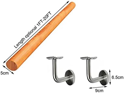 SOBS Round Wooden Handrail 1ft-20ft Complete Kit, Indoor Loft Corridor Non-Slip Stair Railings Support Rod, Home Against The Wall Stair Banister Elderly Safety Handrail with Stainless Steel Bracket