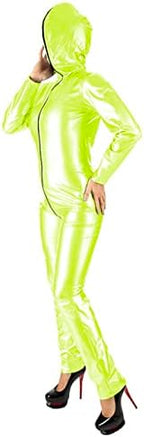 Leather Long Sleeve High Weist Elastic Wet Look PVC Zip Front Hooded Bodysuit Costumes Jumpsuit,Fluorescent Green,L