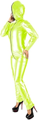 Leather Long Sleeve High Weist Elastic Wet Look PVC Zip Front Hooded Bodysuit Costumes Jumpsuit,Fluorescent Green,L