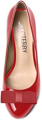 SKYSTERRY Women's Slip On Bow Patent Round Toe Casual Dating Spool High Heel Pumps Shoes 3.3 Inch