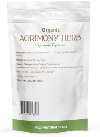 Halo Naturals Organic Agrimony Herb Cut & Sifted, 4 Ounces (Agrimonia eupatoria) USDA Certified | Resealable Pouch| Packaged in The USA