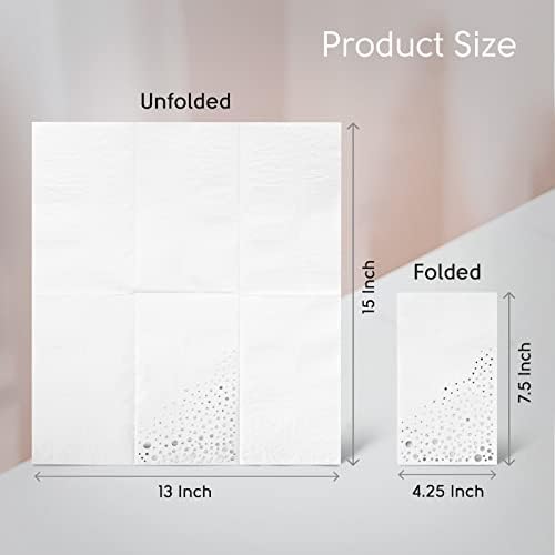 Stylish White and Silver Napkins, 100 Silver Dinner Napkins, Disposable Napkins for Party, Napkins, 7.5x 4.25 Inch Disposable Dinner Napkins, Wedding Napkins for Reception, 3Ply Fancy Paper Napkins
