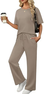 XIEERDUO Women's Side Slit Lounge Sets 2 Piece Travel Outfits Airport Tracksuit Oversized Wide Leg Loungewear S-3XL