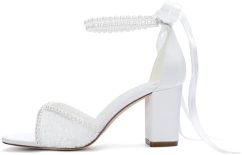Lace Wedding Shoes for Bride Pearl Heels Bridal Shoes Block Heel Wedding Sandals