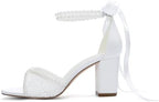 Lace Wedding Shoes for Bride Pearl Heels Bridal Shoes Block Heel Wedding Sandals