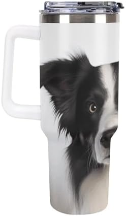 40 Oz Coffee Border Collie Tumbler with Lids And Straws Leakproof Thermal Cup Double Vacuum Insulated Stainless Steel Sport Water Bottle Cup Travel Mug for Hot Cold Drinks- White Handle