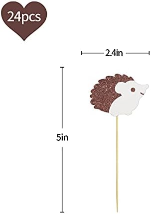 Set of 24 Glitter Hedgehog Cupcake Toppers, Animal Themed Baby Shower Dessert Decor, Baby Birthday Party Decorations Supplies - Brown & White
