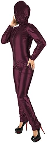 Leather Long Sleeve High Weist Elastic Wet Look PVC Zip Front Hooded Bodysuit Costumes Jumpsuit,Dark Red,7XL