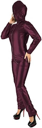 Leather Long Sleeve High Weist Elastic Wet Look PVC Zip Front Hooded Bodysuit Costumes Jumpsuit,Dark Red,7XL