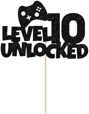Glitter Level 10 Unlocked Cake Topper - Gamer's Happy 10th Birthday Cake Supplies, Level Up 10th Birthday Party Decorations Black