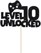 Glitter Level 10 Unlocked Cake Topper - Gamer's Happy 10th Birthday Cake Supplies, Level Up 10th Birthday Party Decorations Black