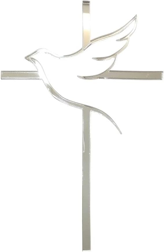 10pcs of Acrylic Religious Cake Topper - Dove and Cross,Holy Spirit Topper, Confirmation Topper (Silver Mirror)