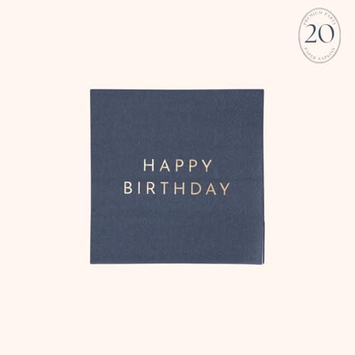 Bonjour Fête Navy Blue Happy Birthday Small Party Paper Napkins | 3-Ply Napkins | Party Supplies Decorations | Premium Cocktail Napkins | Gold Foil | Party Table Decor | Pack of 20, 5" Folded