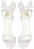 Pearl Heels Wedding Shoes for Bride Block Heel Bridal Shoes Bow Tie Heeled Sandals Wedding Heels