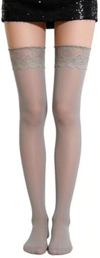 3 Pcs Women's Thigh High Stockings, Silky Glossy Over The Knee Socks with Non-Slip Lace Top, Comfortable Lingerie Pantyhose for Daily & Lounge Wear(Gray)