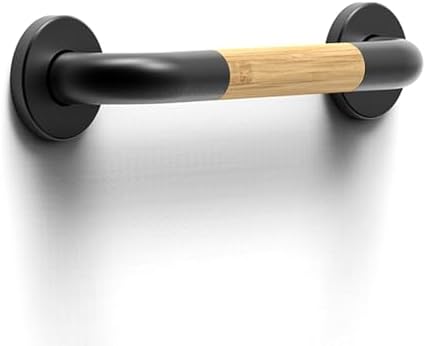 Safety Grab Bar for Bathroom & Toilet, Natural Bamboo Handle, ADA Compliant Balance Assist Handrail for Handicap and Seniors, 12in Matte Black