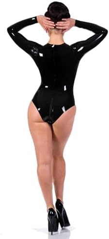 Black Latex Catsuit Long Sleeve Deep V-Neck Tight One Piece Rubber Bodysuit Jumpsuit Club Party Wear Costume