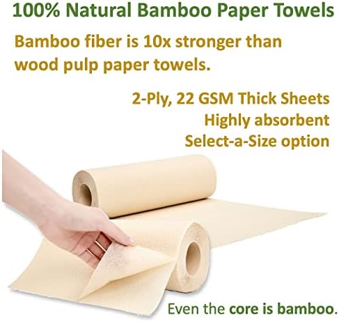 100% Bamboo Paper Towels, Tree-Free, Chemical-Free, Lint-Free, Durable, Absorbent, Select-a-Size 2-Ply, 90 Sheets Per Roll. (PT 6 Rolls)