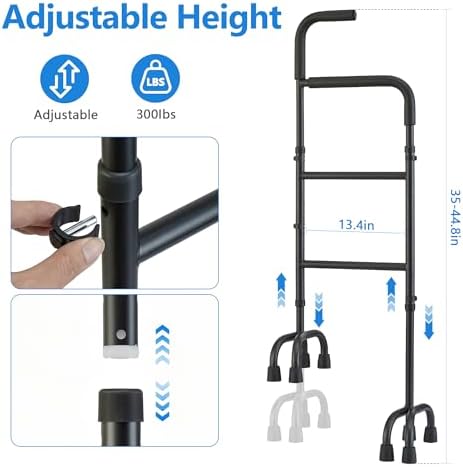 Stair Assist & Climbing Cane, 13-Level Adjustable with 8-Cylindrical Rubber Foot Pads & Ergonomic Handle, Carbon Steel Helper for Mobility Aids Users (Fits Stairs & Flat Surfaces)